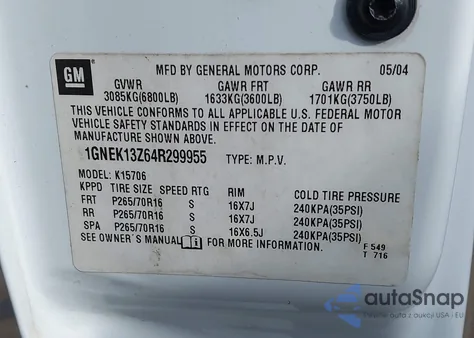 2004 Chevrolet Tahoe Ls from USA, damaged, VIN 1GNEK13Z64R299955